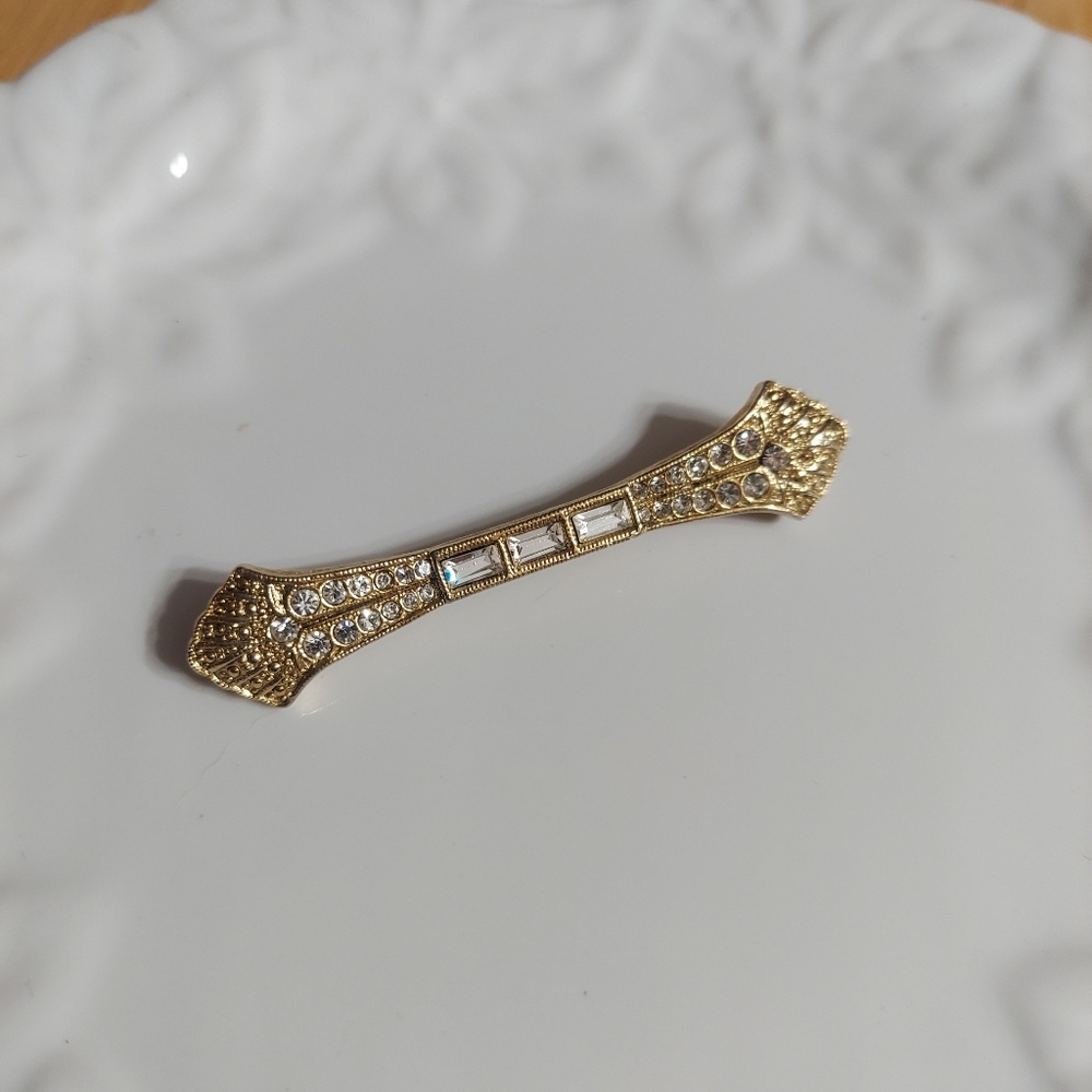'1928' Textured Frosted Gold Tone/Faceted Cut Crystal Pave' Bar Brooch/Pin